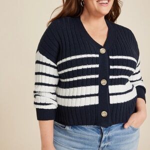 Maurices Navy & White Striped Ribbed Button Cardigan